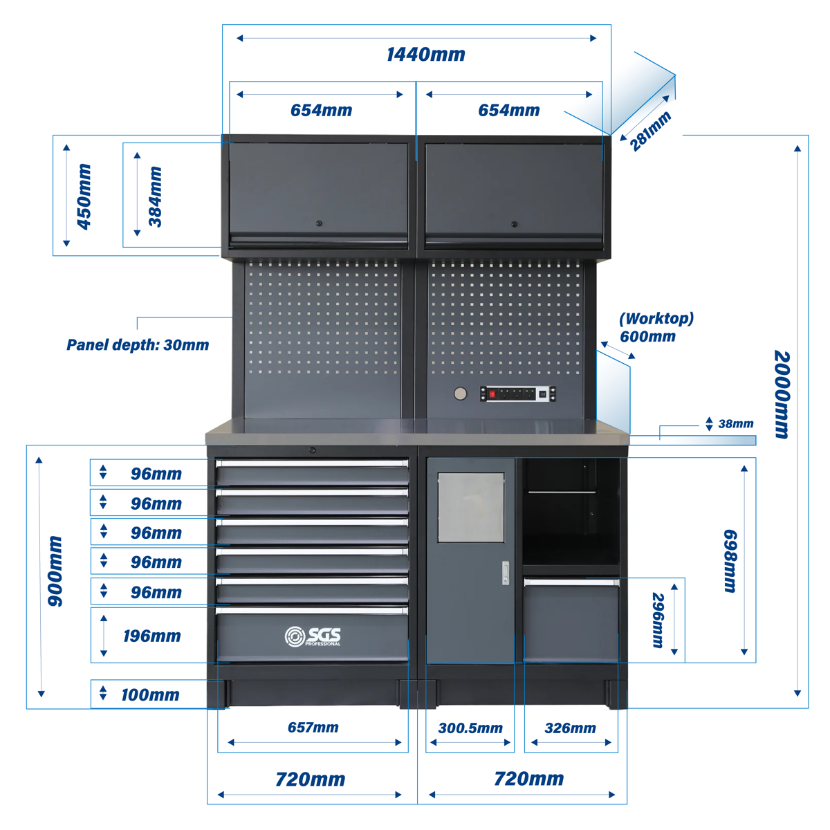 SGS Pro Heavy Duty Garage Storage System | Dual Powerstrip Cabinets | Tall Double Cabinet